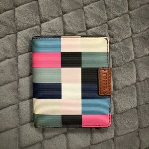 Fossil Striped Colorblock Bifold Wallet in Pink, Blue, Black & Cream